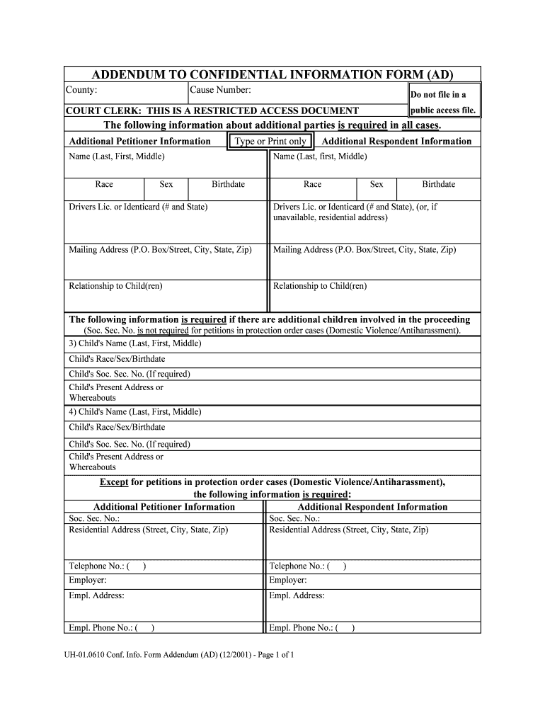 Addendum to Confidential Information Form DV 1 061