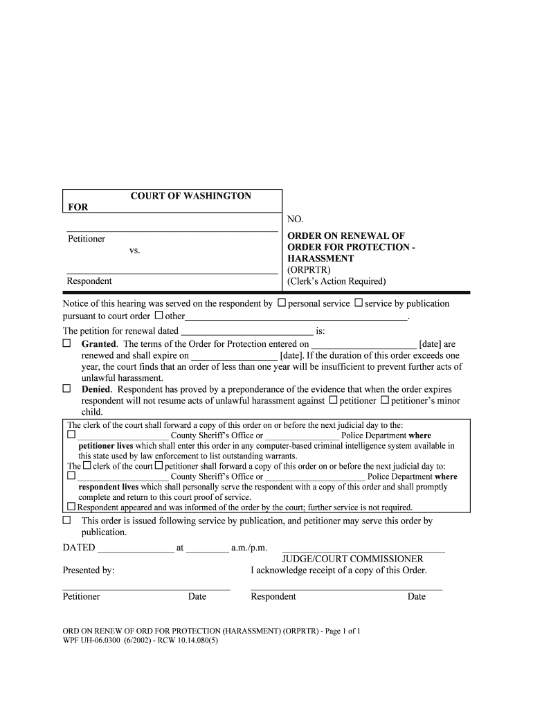 Order for Renewal of Order for Protection Washington State  Form