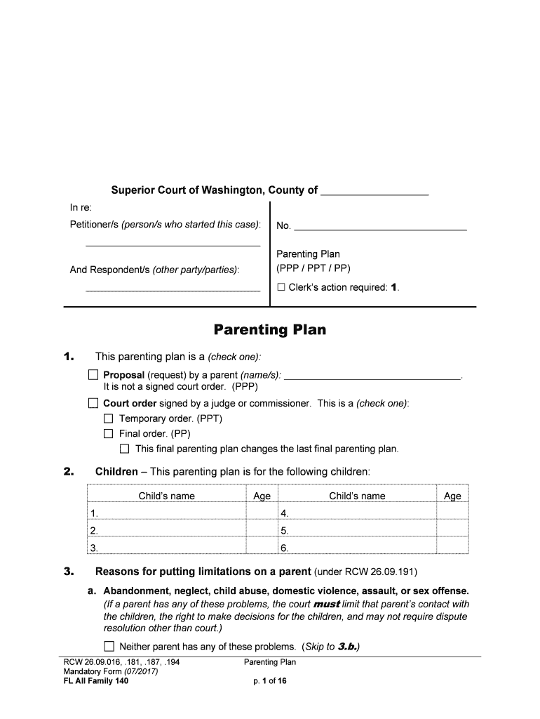 Make a Parenting Plan Packet WashingtonLawHelp Org  Form