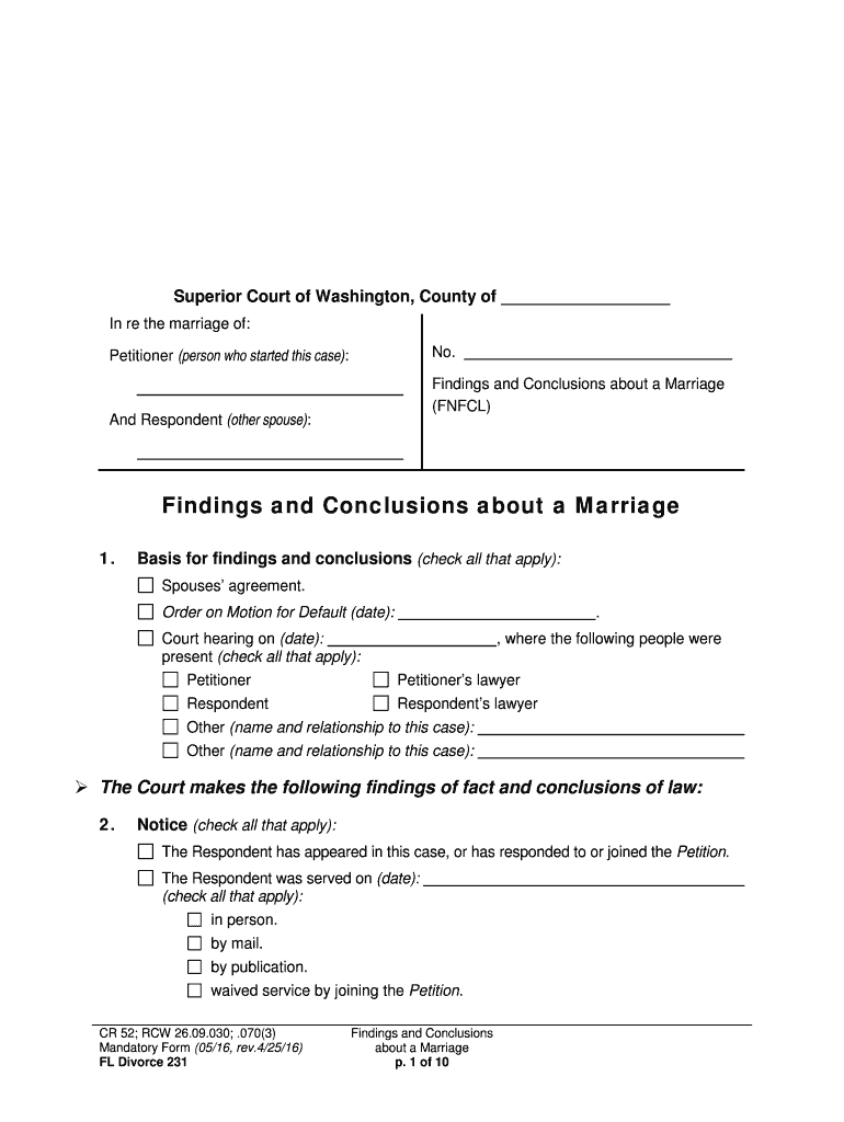 Findings and Conclusions About a Marriage Washington  Form