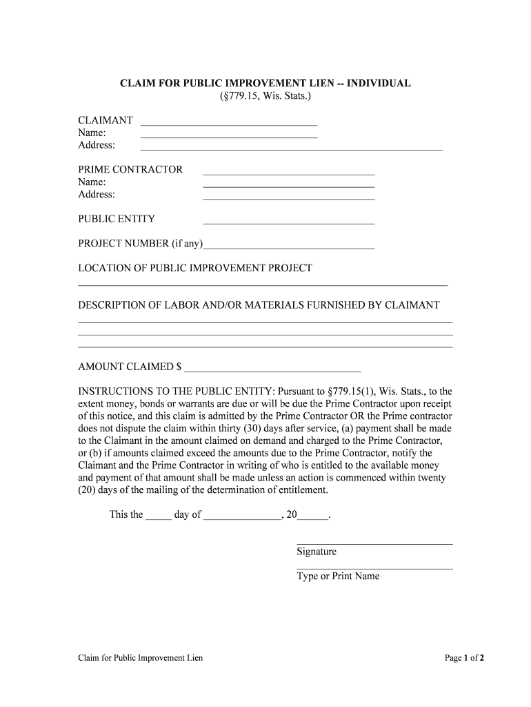 PRIME CONTRACTOR DISPUTE of CLAIM for PUBLIC IMPROVEMENT LIEN  Form