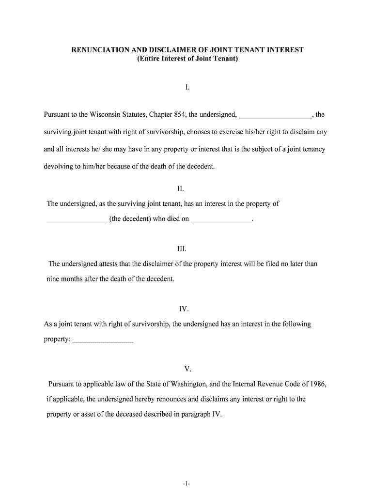 Texas Renunciation and Disclaimer of Joint Tenant or  Form