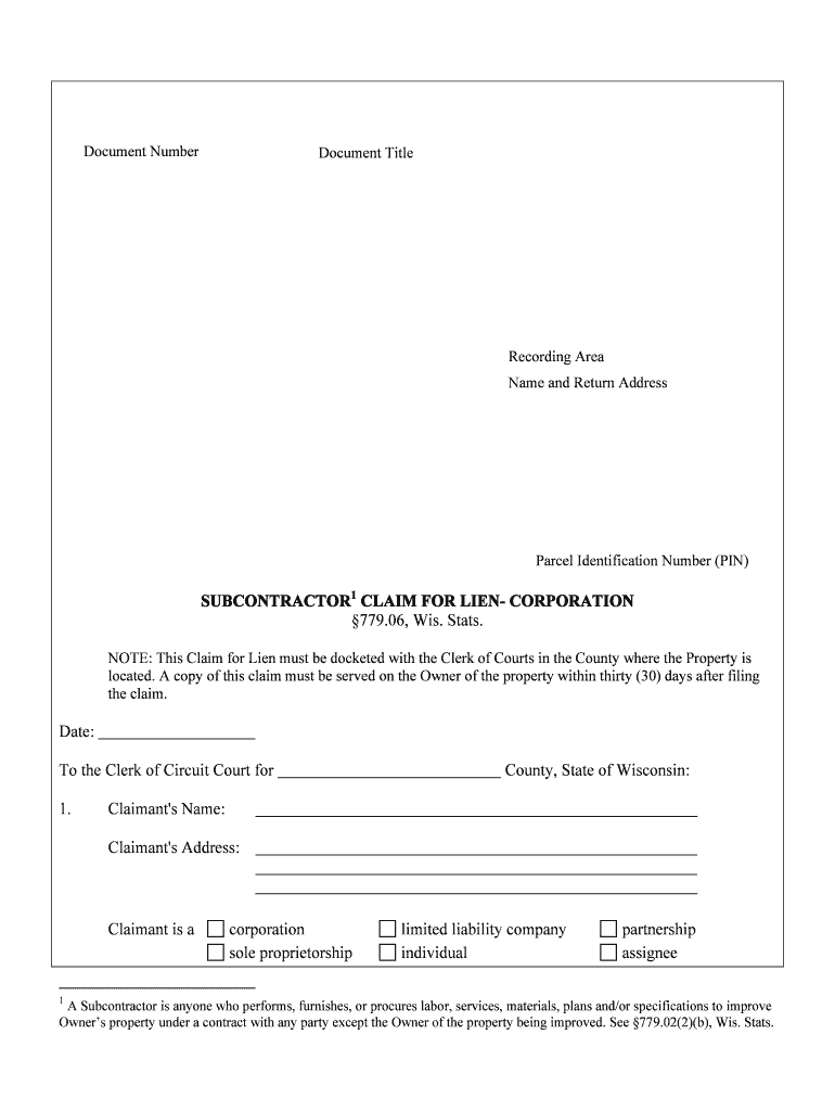 SUBCONTRACTOR1 CLAIM for LIEN CORPORATION  Form