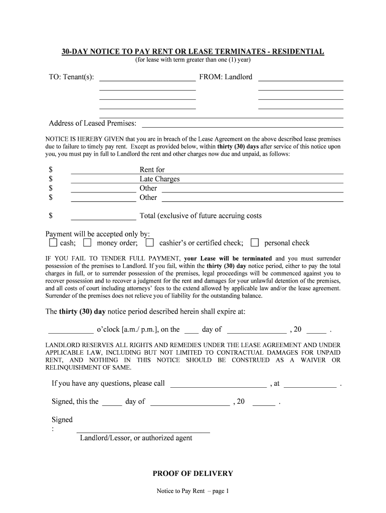 30 DAY NOTICE to PAY RENT or LEASE TERMINATES RESIDENTIAL  Form