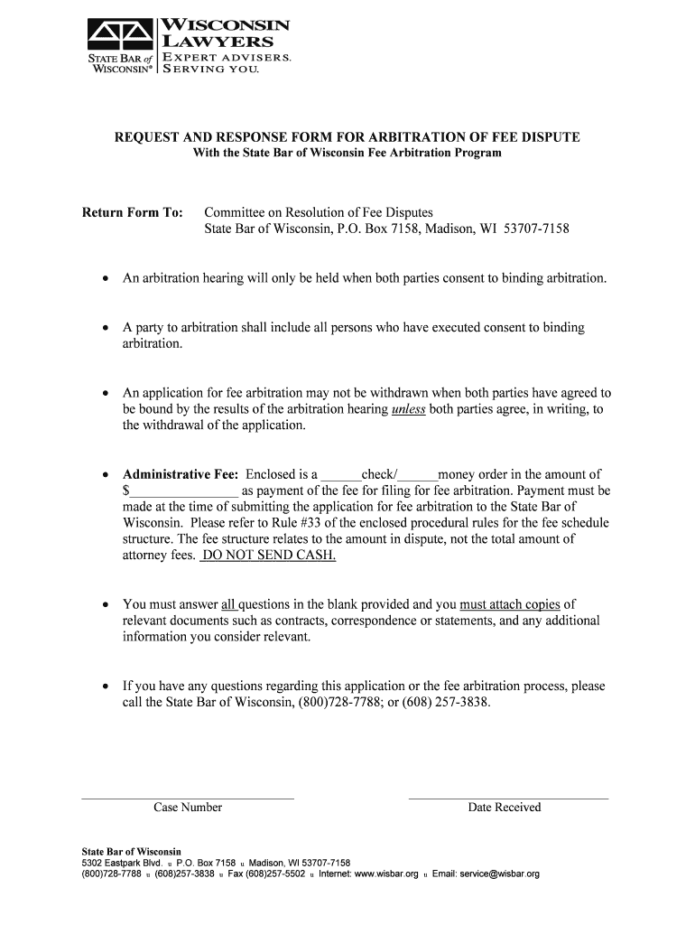 Fee Arbitration Program State Bar of Wisconsin  Form