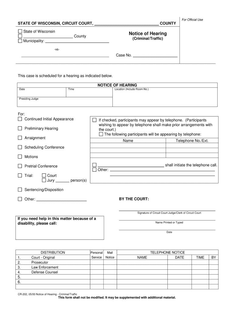 Justia Notice of Hearing Criminal Traffic Wisconsin Criminal  Form