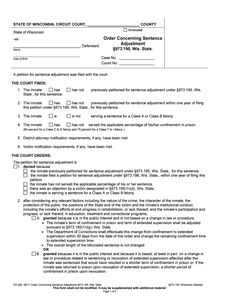 A Petition for Sentence Adjustment Was Filed with the Court  Form