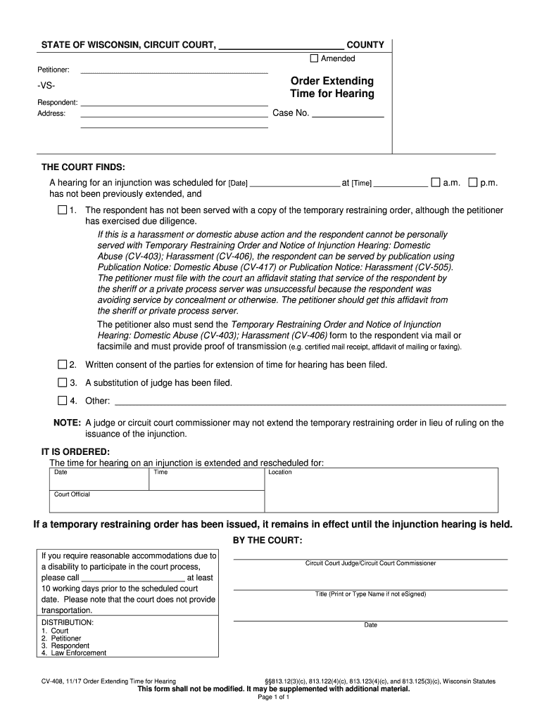 CV 408 Order Extending Time for Hearing Wisconsin Court  Form