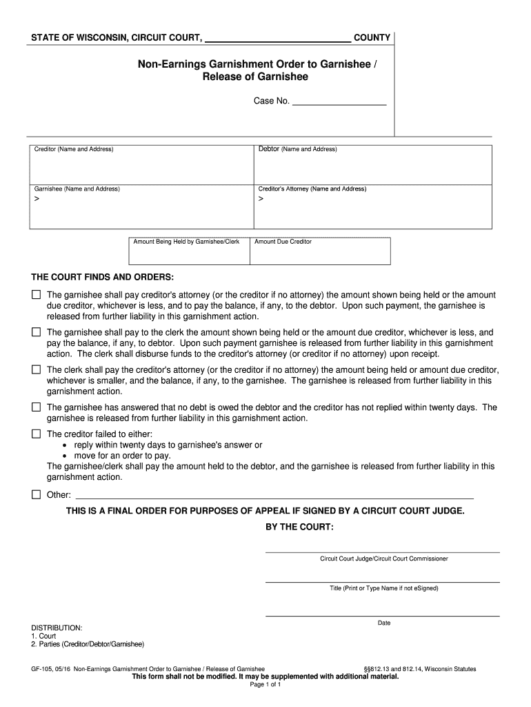 GF 105 Non Earnings Garnishment Order to Garnishee  Form