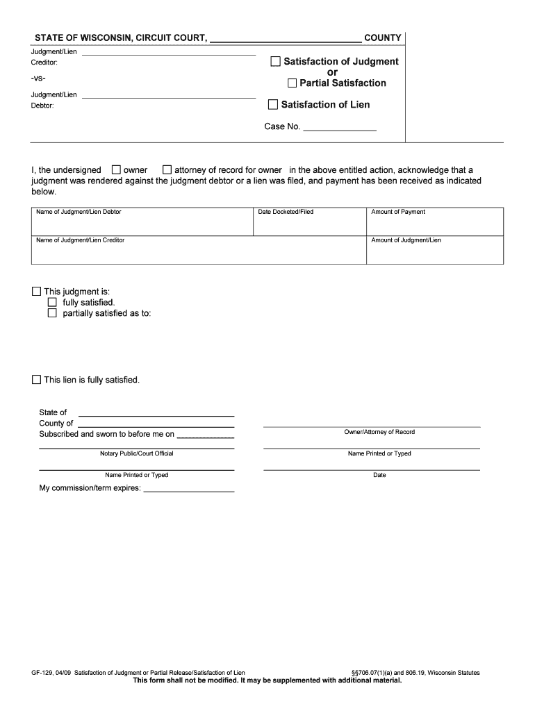 Satisfaction of Judgment Wisconsin Court System  Form