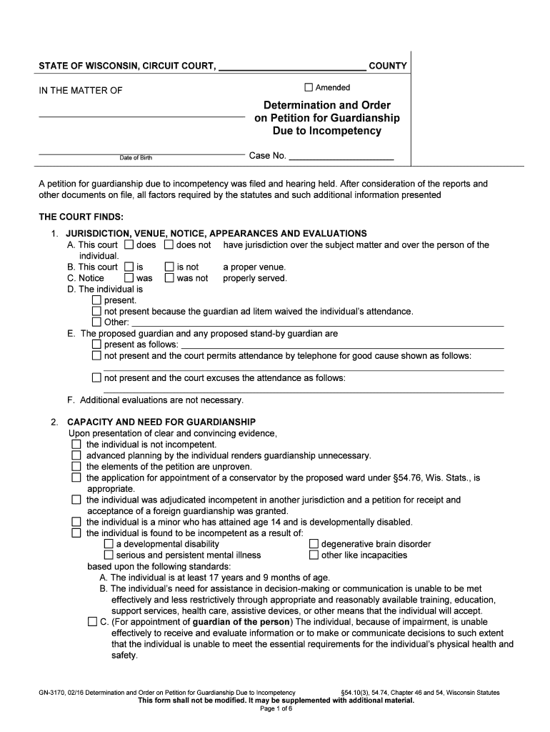 Wisconsin Guardianship Circuit Court Statewide Legal  Form