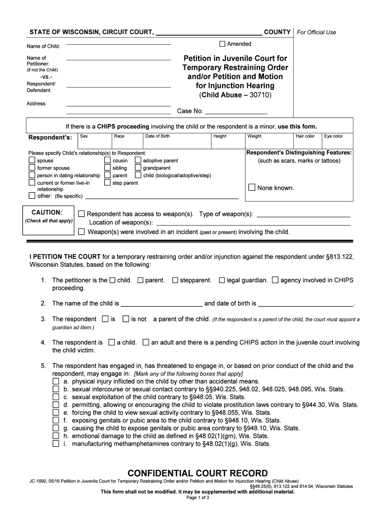 JC 1693 Petition in Juvenile Court for Temporary Restraining  Form