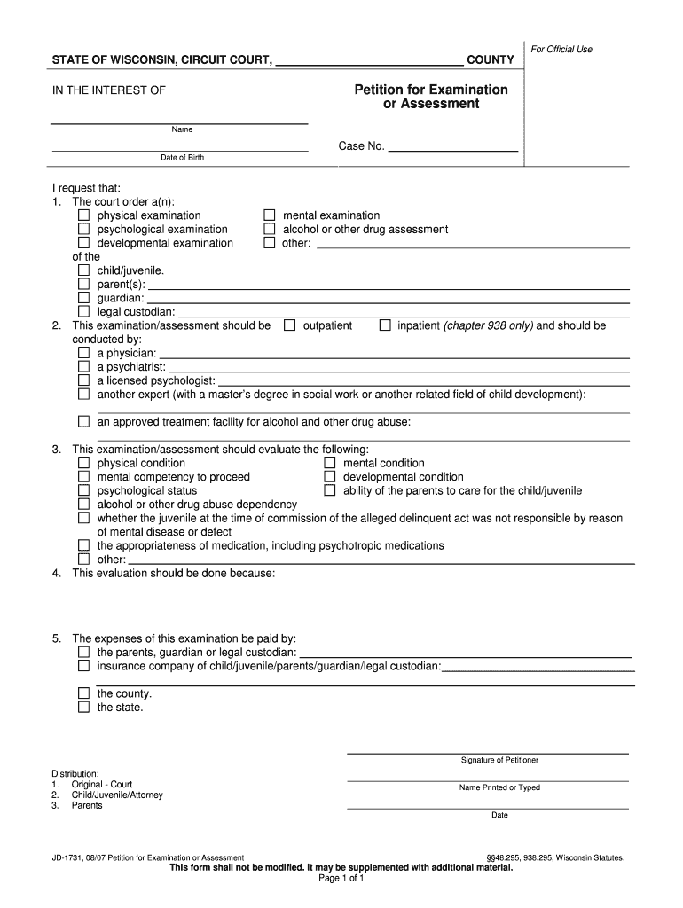 JD 1731 Petition for Examination or Assessment Wisconsin  Form