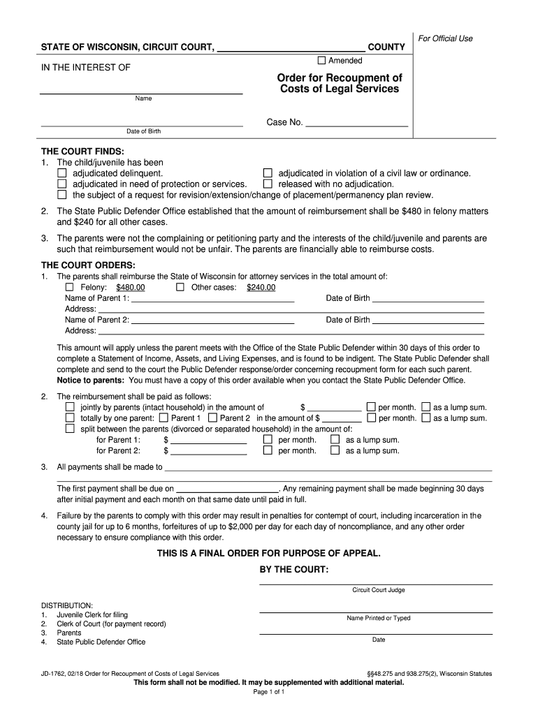 Order for Recoupment of  Form