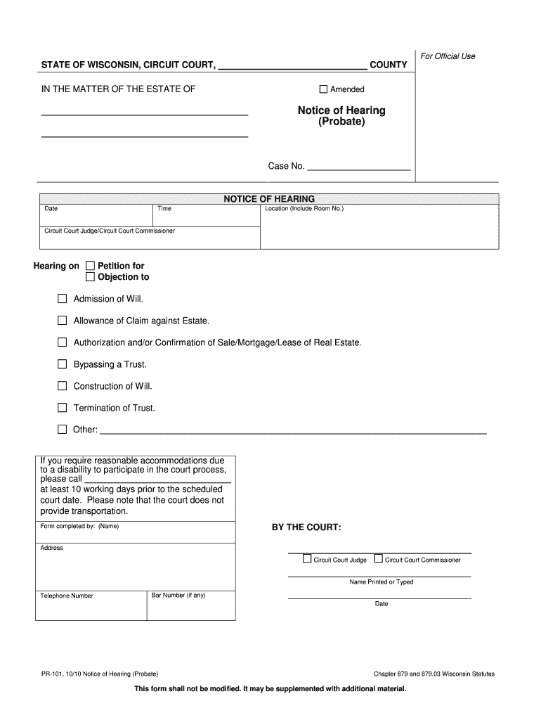 PR 101 Notice of Hearing Probate Wisconsin Court System  Form