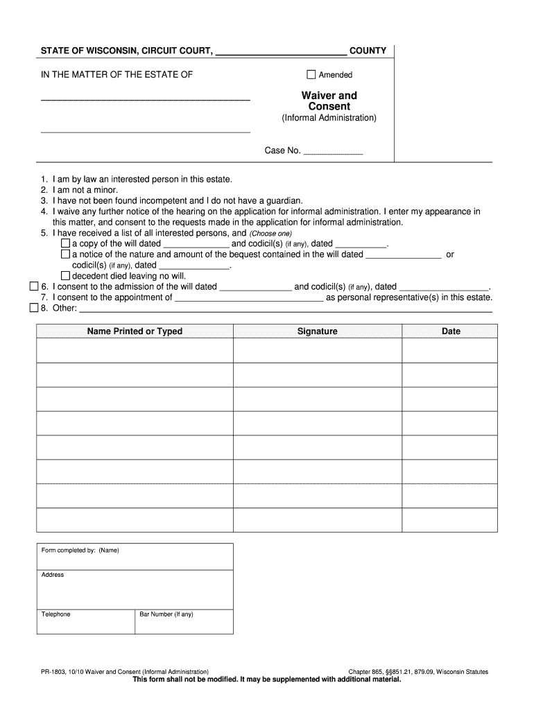 Fill and Sign the Informal Administration Wisconsin Court System Circuit 