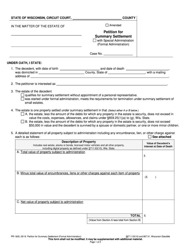 Summary Settlement Wisconsin Court System Circuit Court  Form