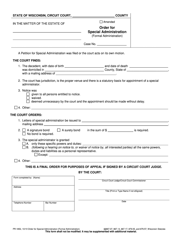 Special Administration Wisconsin Court System Circuit  Form