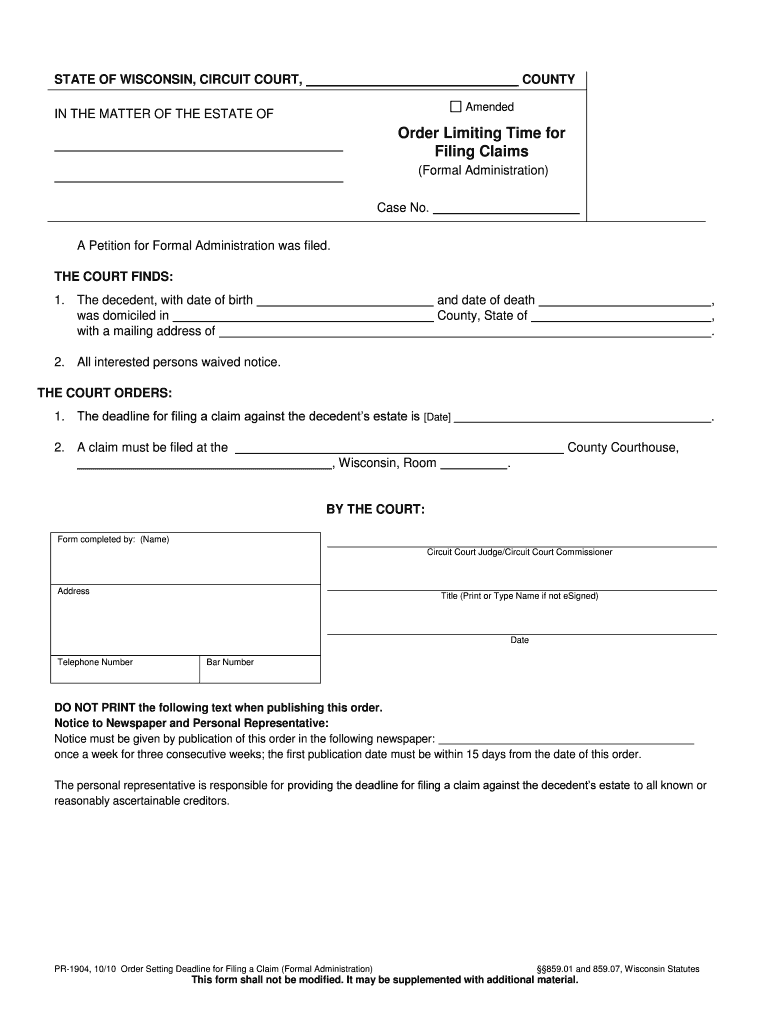 PR 1833 Petition for Extension of Time Wisconsin Court Form