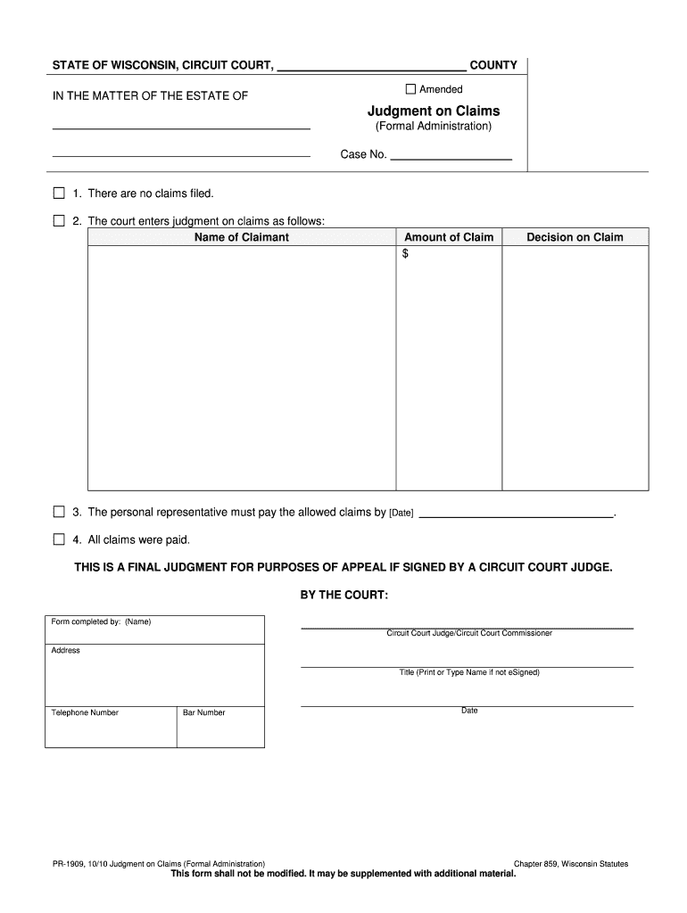 PR 1909 Judgment on Claims Wisconsin Court System  Form