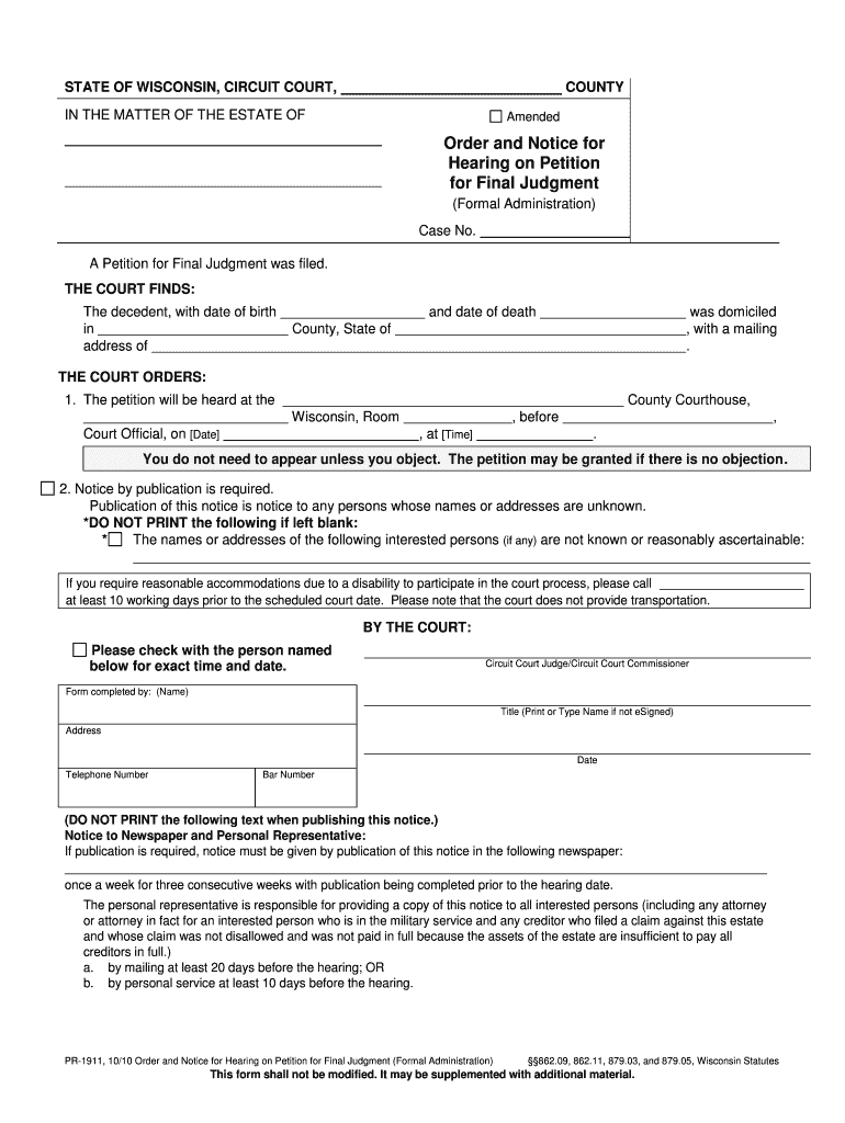 PR 1903 Order Setting Time to Hear Petition for  Form