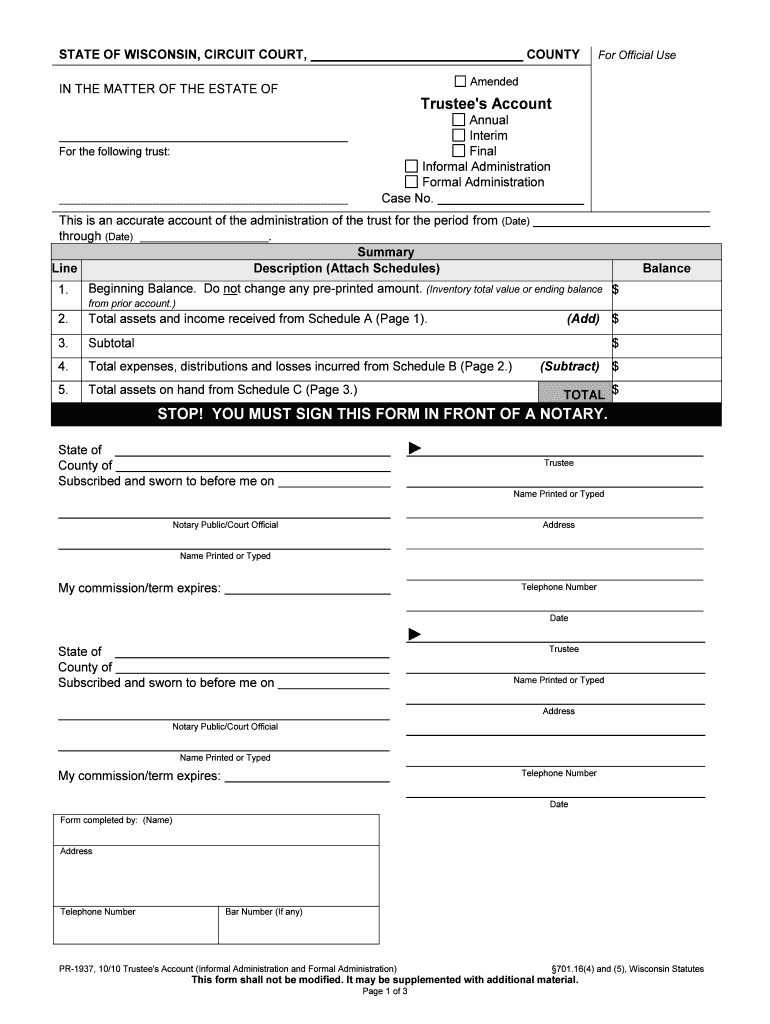 This is an Accurate Account of the Administration of the Trust for the Period from Date  Form