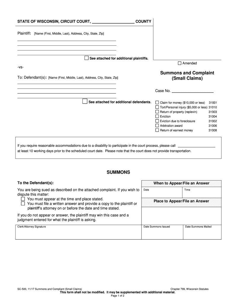 Summons and Complaint Small Claims SC 500Wisconsin  Form