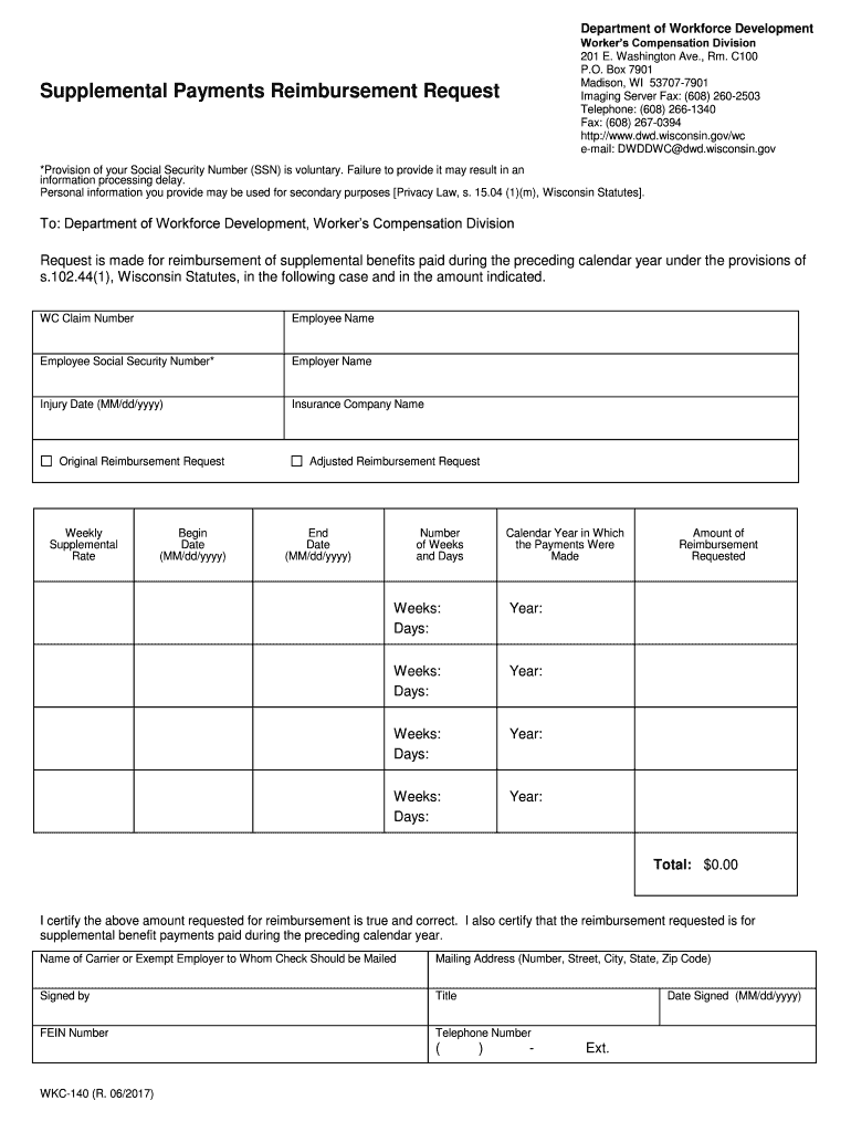 WKC 140, Supplemental Payments Reimbursement Request This is a Request by an Insurance Carrier or Self Insured Employer for Reim  Form