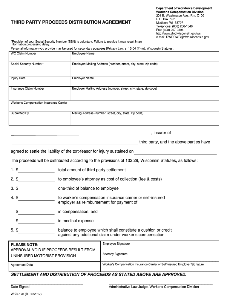 WKC 170, Third Party Proceeds Distribution Agreement This Form is to Be Filed by Insurance Carrier with the Department for Appro