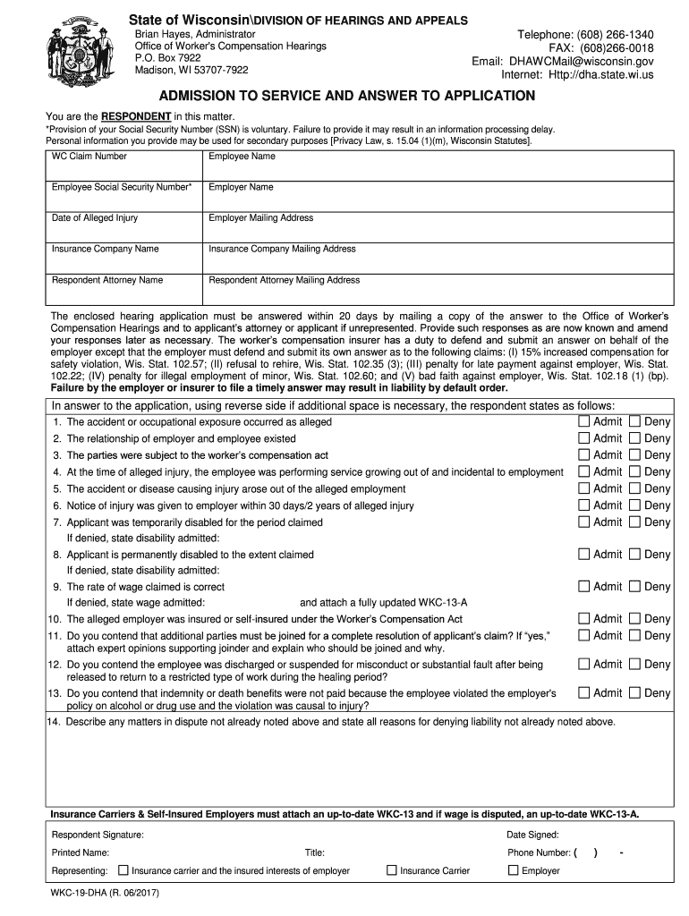 WKC 19 DHA, DHA Admission to Service and Answer to Application This DHA Form is to Be Filed by the Respondent Insurer or Employe