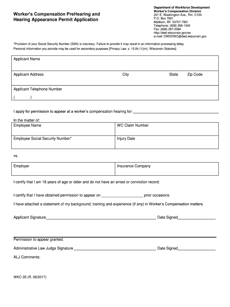 WKC 35, WC Hearing Appearance This is an Application for Permission to Appear at a Worker's Comensation Hearing  Form