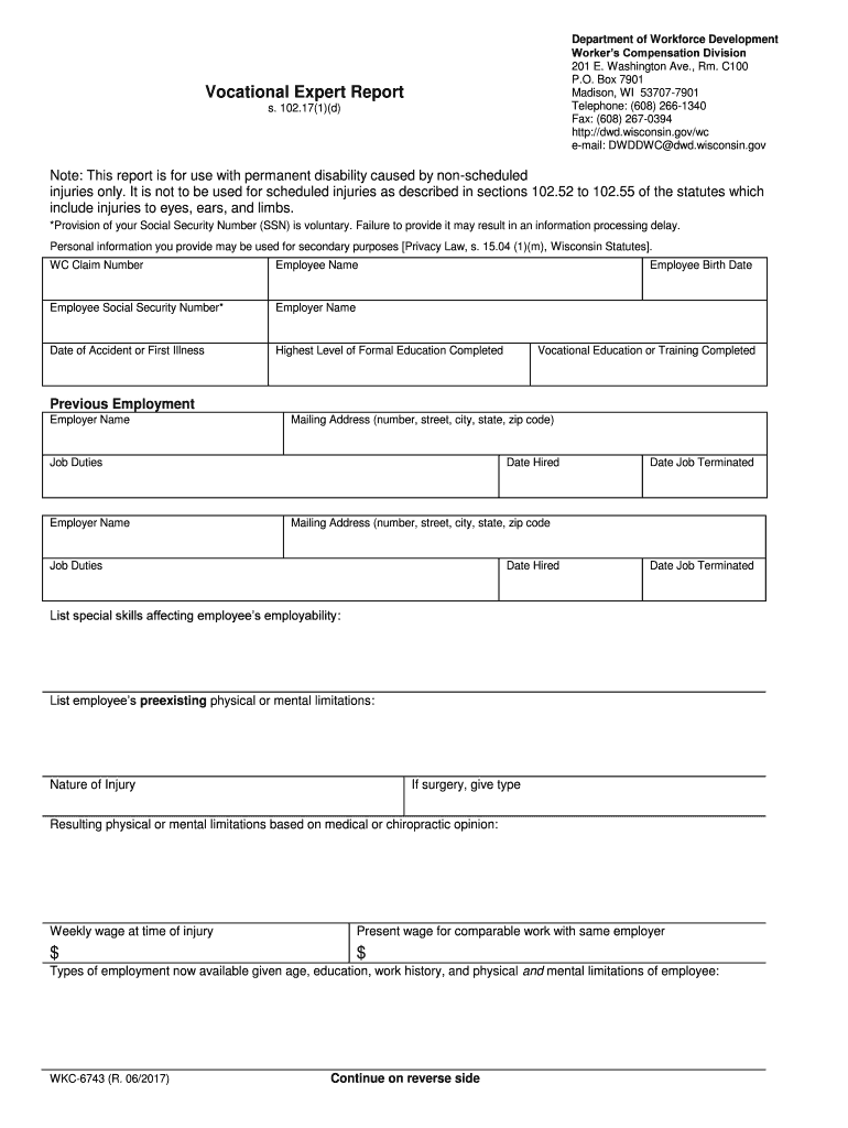 WKC 6743, Vocational Expert Report This Form is Used to Establish Loss of Earning Capacity