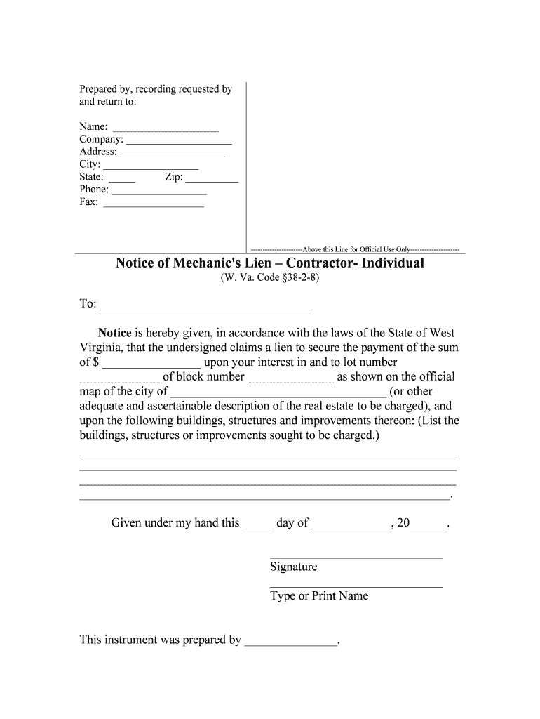 Notice of Mechanic's Lien Contractor Individual  Form