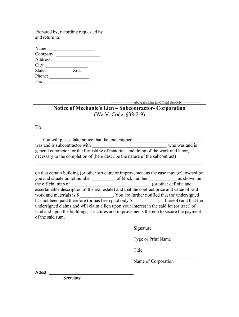 Notice of Mechanic's Lien Subcontractor Corporation  Form