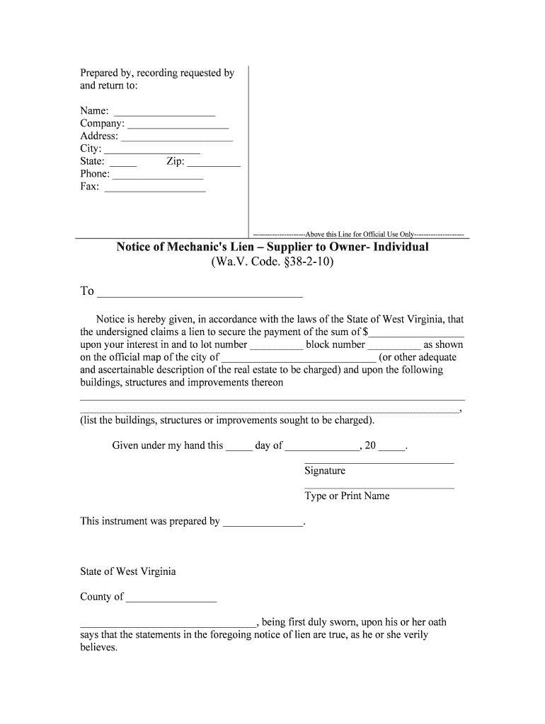 Notice of Mechanic's Lien Supplier to Owner Individual  Form
