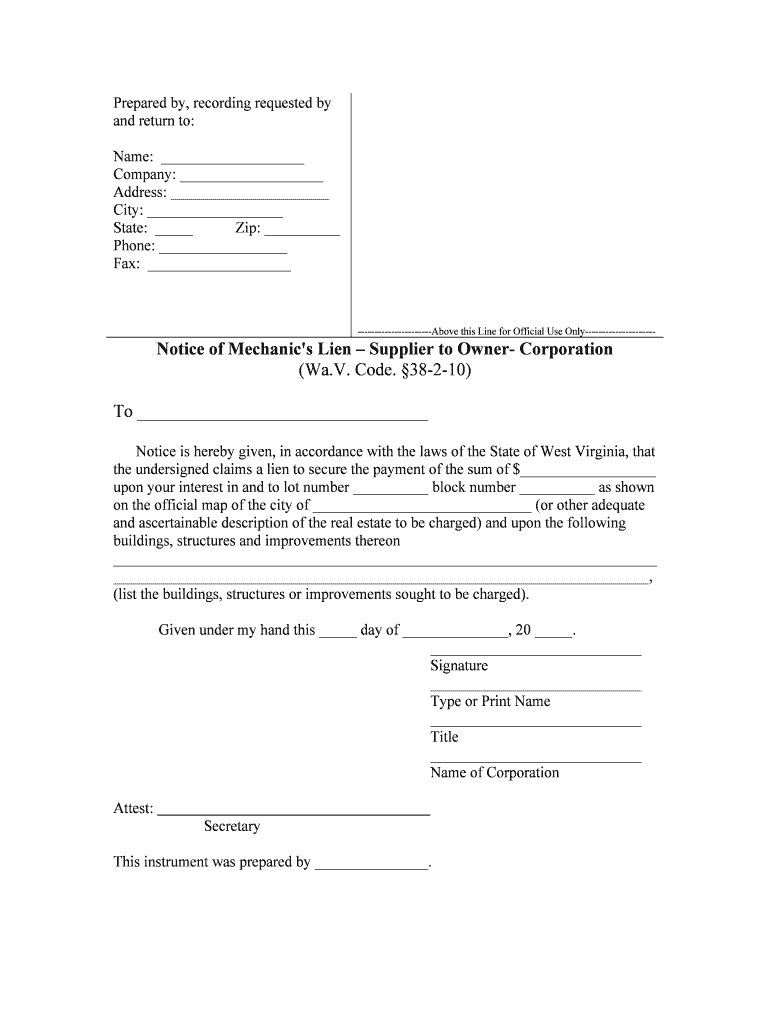Notice of Mechanic's Lien Supplier to Owner Corporation  Form