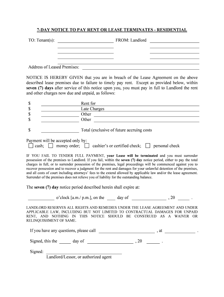 Eviction Form 7 Day Notice to Pay or Quit