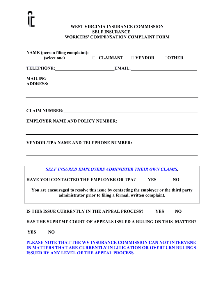 Workers' Comp Complaint Form West Virginia Offices of the