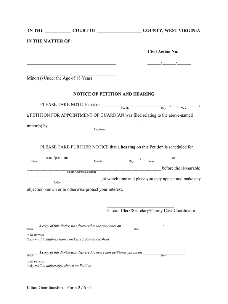 Notice of Petition and Hearing Infant Guardianship  Form
