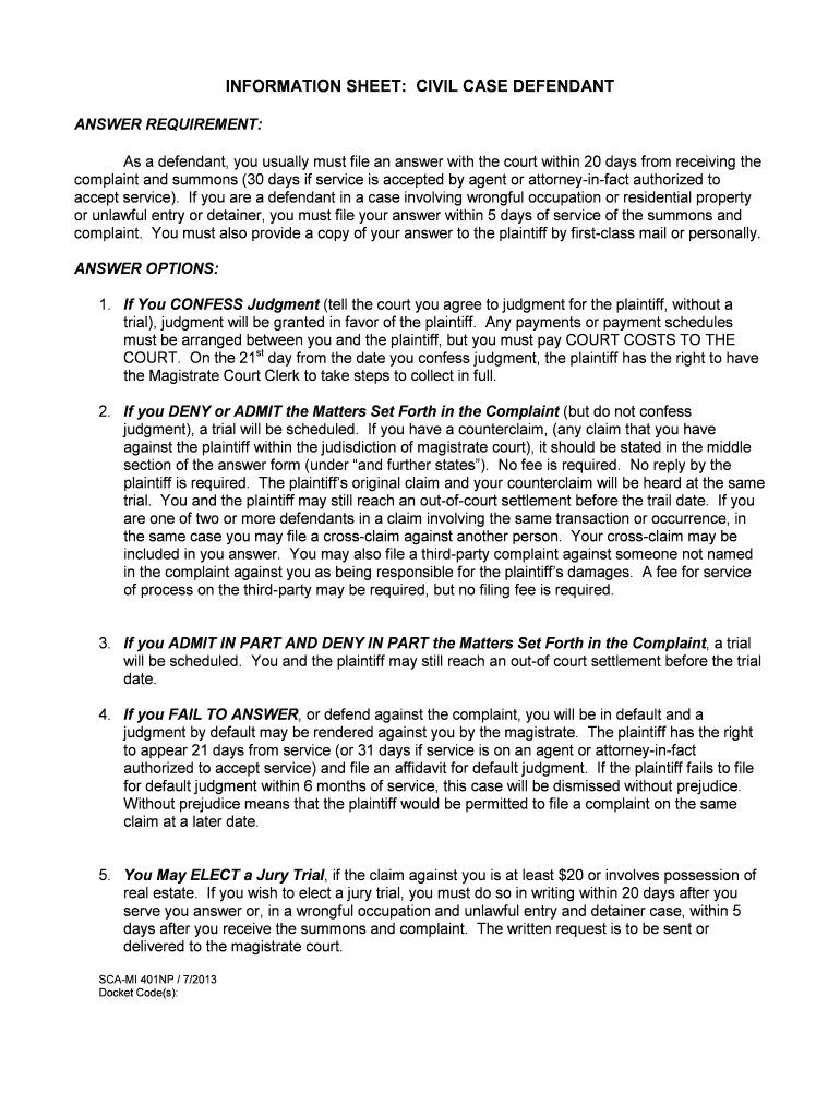 INFORMATION SHEET CIVIL CASE DEFENDANT