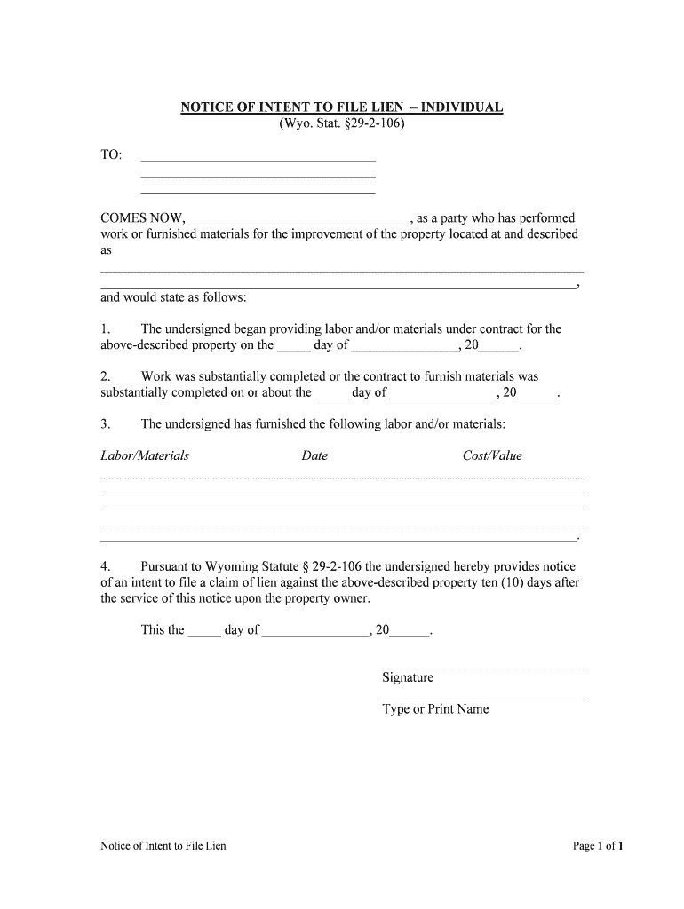 Wyoming Property Lien Statutes Wyoming Mechanics Lien  Form