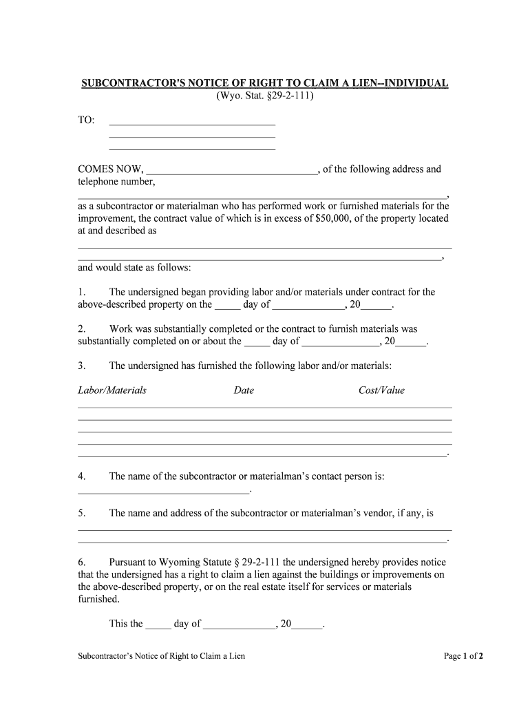 WY Stat29 10 101 29 10 101 Preliminary Notice of Right  Form