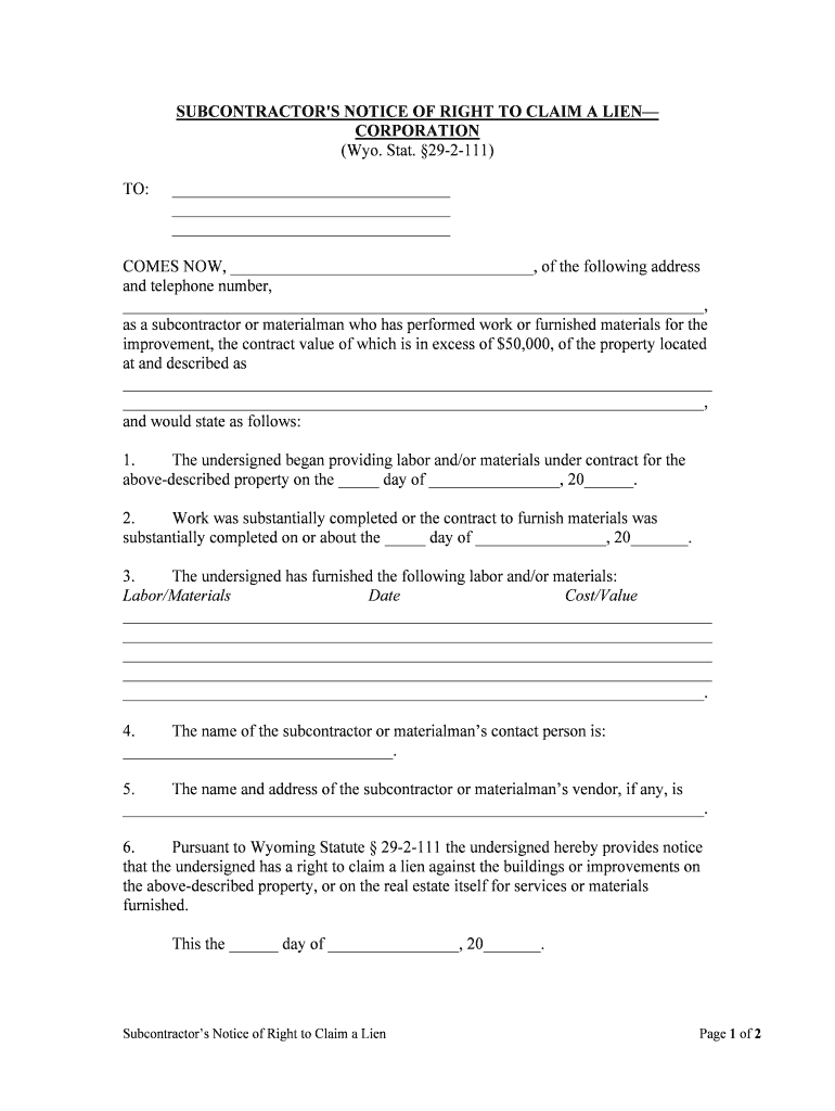 Wyoming Statutes Title 29 Liens29 10 101FindLaw  Form