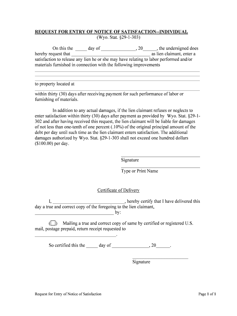 29 10 106 Form for Notice of Satisfaction of Lien