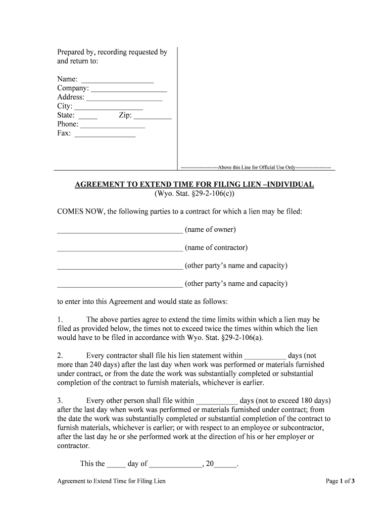 AGREEMENT to EXTEND TIME for FILING LIEN INDIVIDUAL  Form