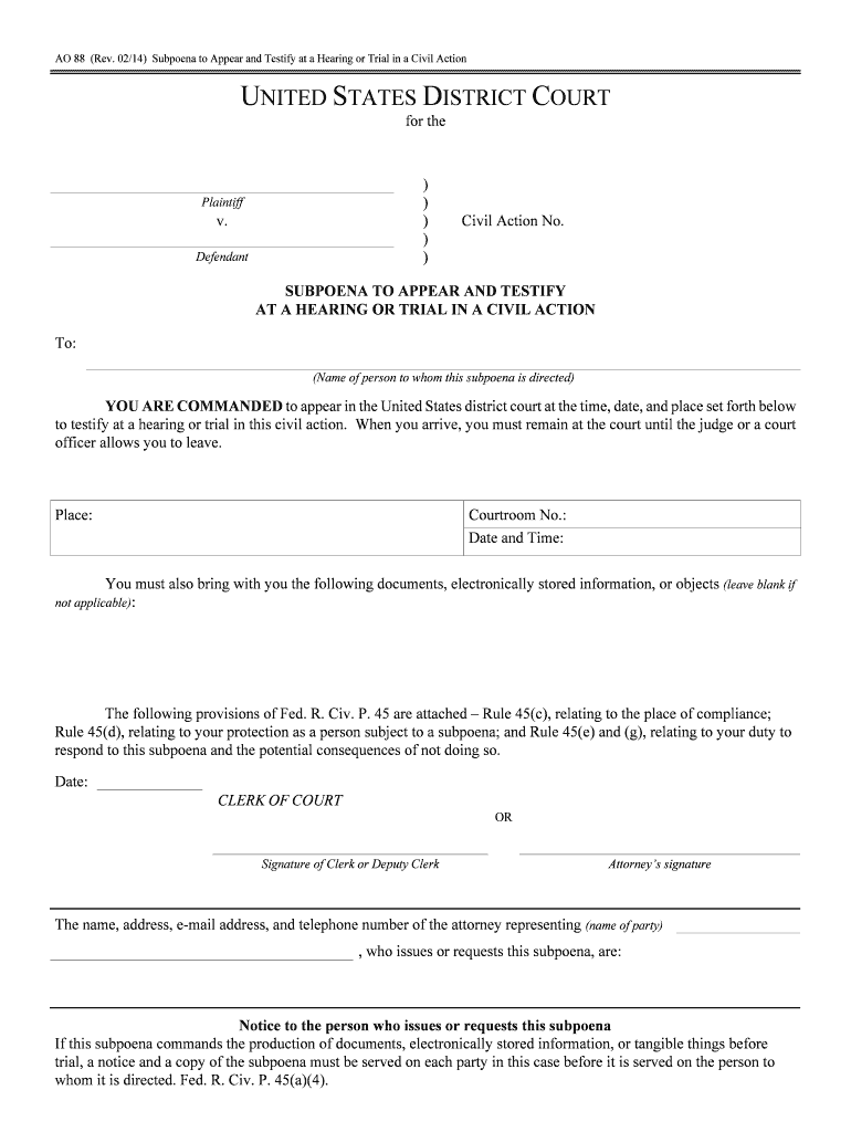 0214 Subpoena to Appear and Testify at a Hearing or Trial in a Civil Action  Form