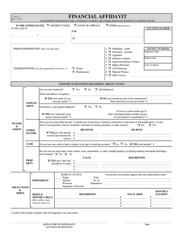 Form CJA 23 Download Fillable PDF, Financial Affidavit