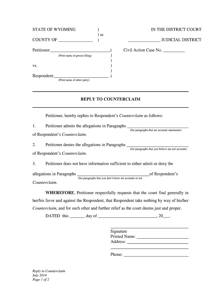 Petitioner, Hereby Replies to Respondents Counterclaim as Follows  Form