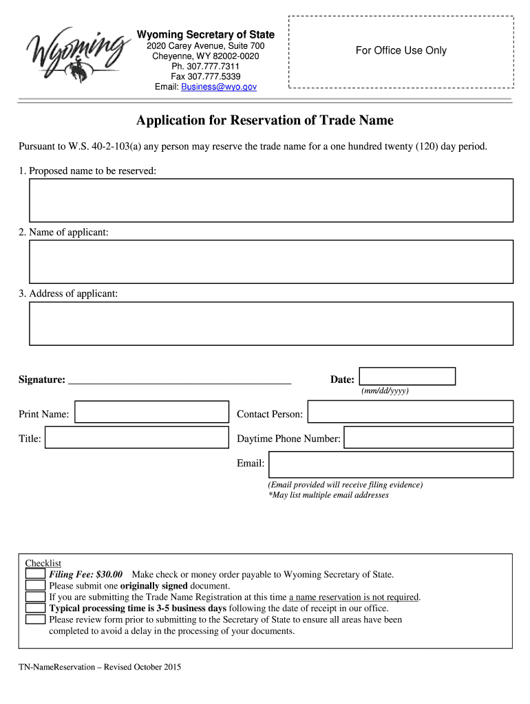 Application for Reservation of Trade Name  Form