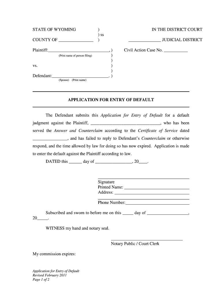 The Defendant Submits This Application for Entry of Default for a Default  Form